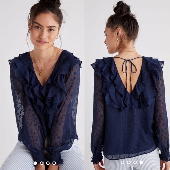 Anthropologie Tops - Anthropologie navy Ruffled V-Neck Blouse